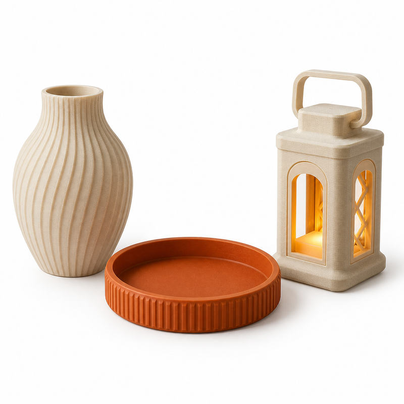 Deko-Stil-Set Landhaus auf weißem Hintergrund: warmweiße Rippenvase, terrakottafarbenes Rippentablett und warmweiße LED-Laterne.