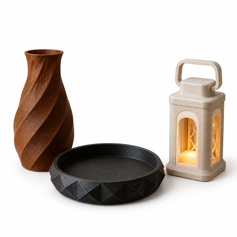 Deko-Stil-Set Urig auf weißem Hintergrund: kupferbraune Spiralvase, schwarzes Facettentablett und warmweiße LED-Laterne.