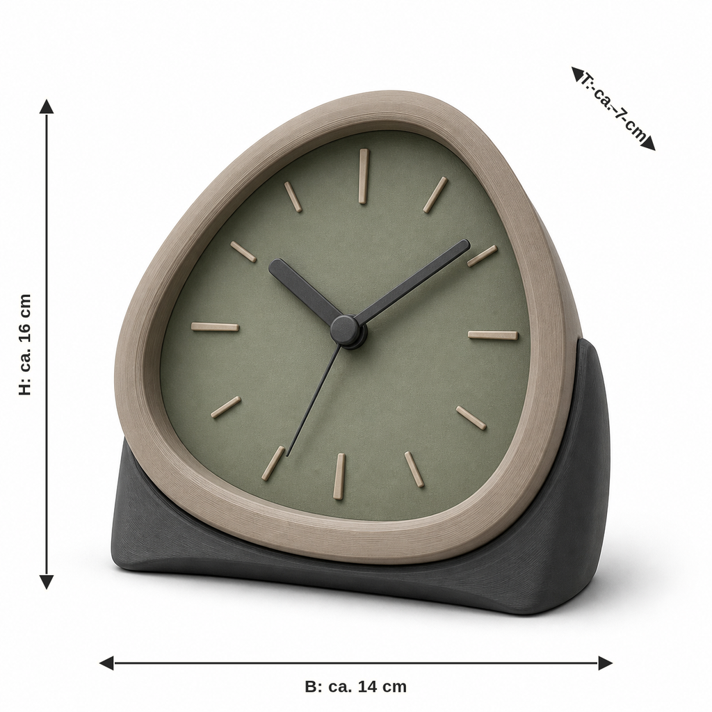 Measurement for rounded triangular clock in taupe and sage: width approx. 14 cm, depth approx. 7 cm, height approx. 16 cm