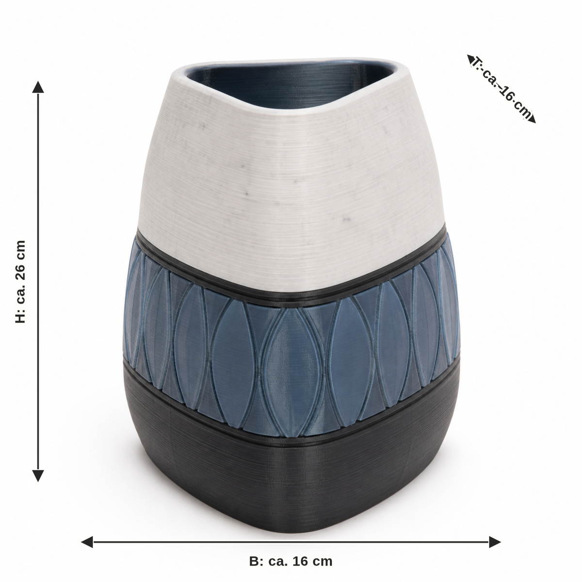 Maßbild für Abgerundete Vase mit blauem Blattfries: Breite ca. 16 cm, Tiefe ca. 16 cm, Höhe ca. 26 cm