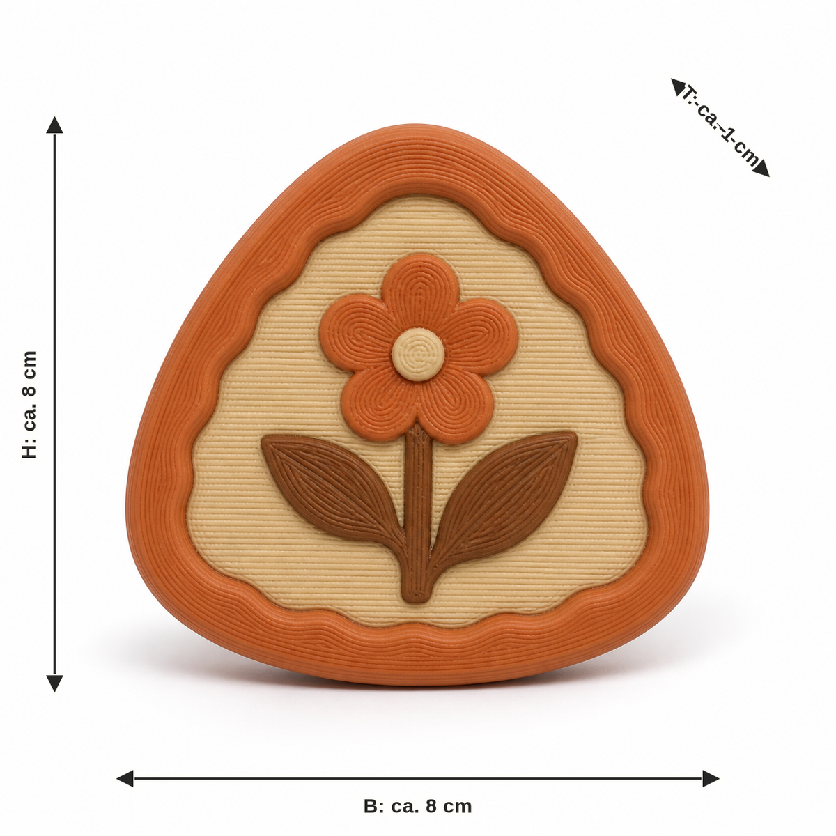 Maßbild für Abgerundeter Magnet mit Blumenmotiv: Breite ca. 8 cm, Tiefe ca. 1 cm, Höhe ca. 8 cm