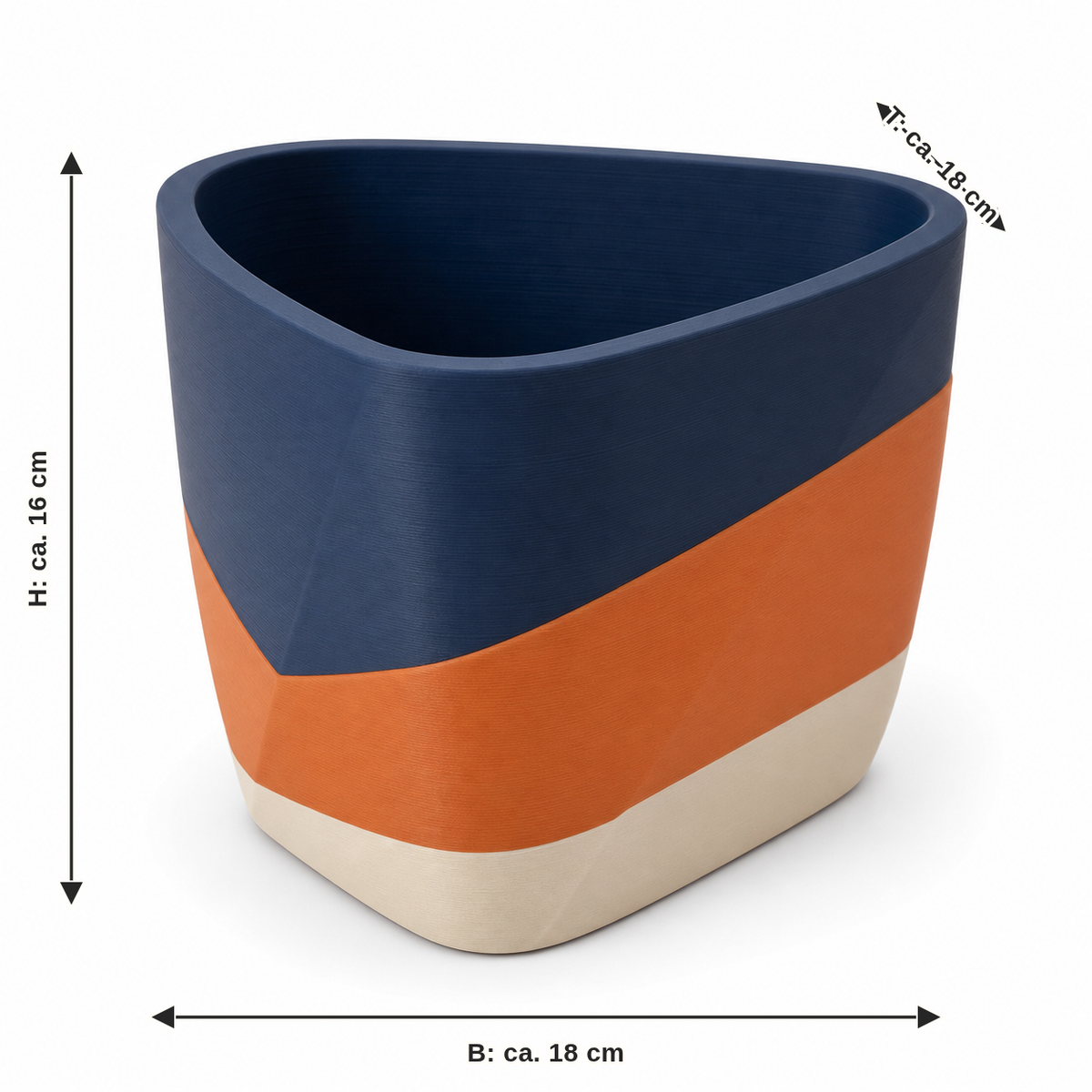 Maßbild für Abgerundeter Pflanztopf in Navy und Terrakotta: Breite ca. 18 cm, Tiefe ca. 18 cm, Höhe ca. 16 cm