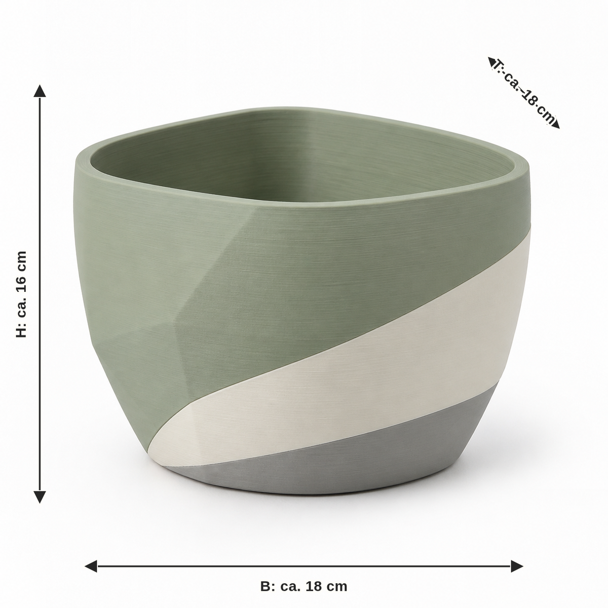 Maßbild für Abgerundeter Pflanztopf in Salbei und Creme: Breite ca. 18 cm, Tiefe ca. 18 cm, Höhe ca. 16 cm