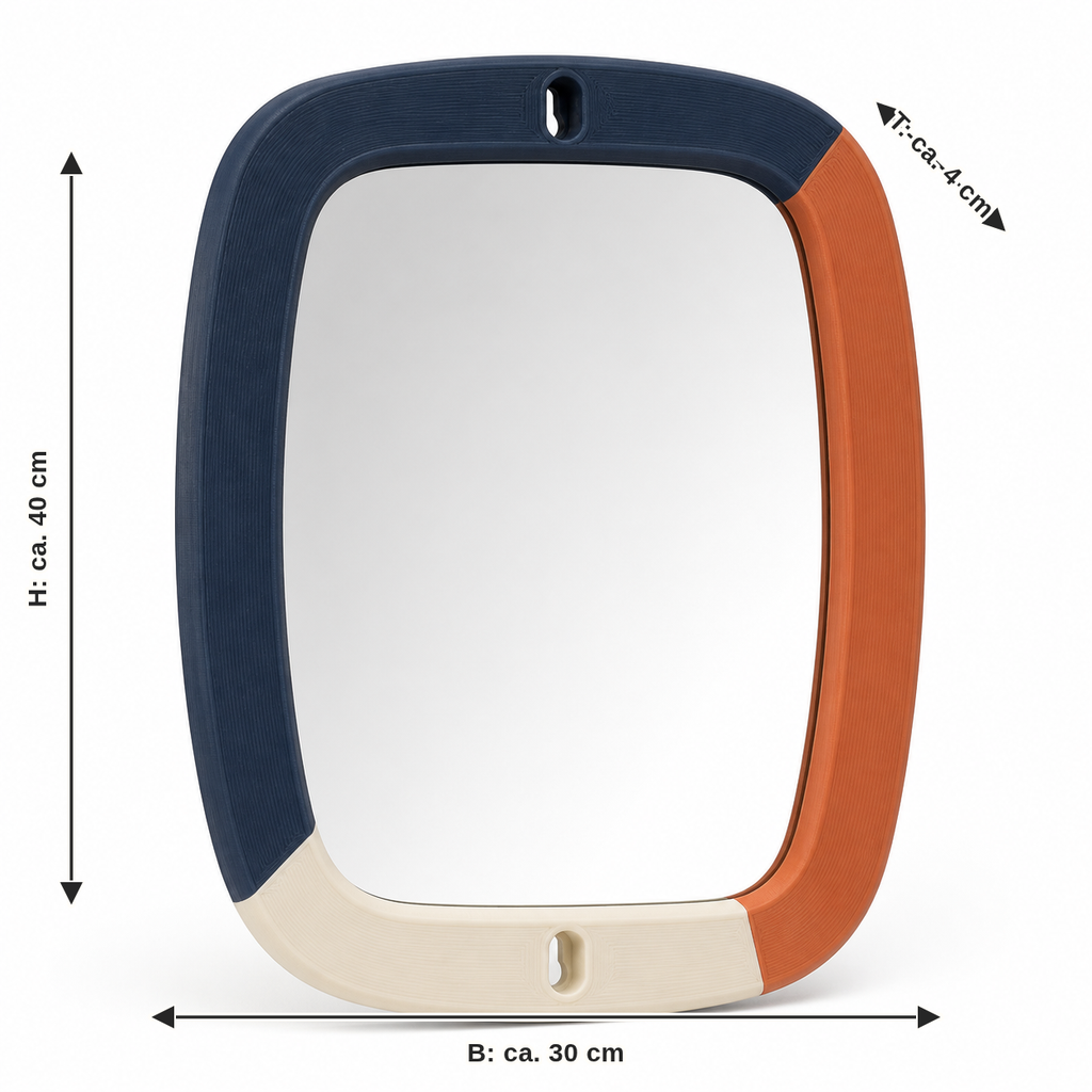 Measurement for rounded mirror frames in Navy and terracotta: width approx. 30 cm, depth approx. 4 cm, height approx. 40 cm