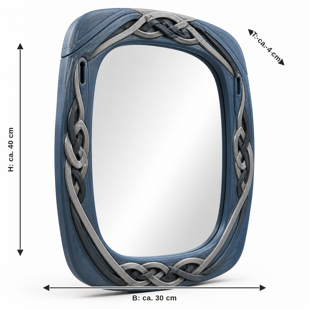 Maßbild für Abgerundeter Spiegelrahmen mit Schlangenknoten: Breite ca. 30 cm, Tiefe ca. 4 cm, Höhe ca. 40 cm