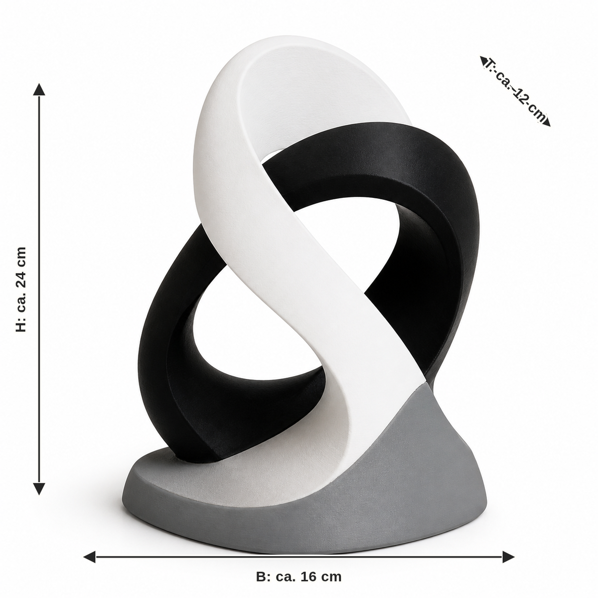 Maßbild für Abstrakte Endlosschleifen-Skulptur in Schwarz und Weiß: Breite ca. 16 cm, Tiefe ca. 12 cm, Höhe ca. 24 cm