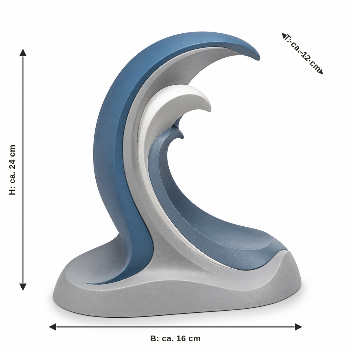 Maßbild für Abstrakte Wellenskulptur in Blau und Weiß: Breite ca. 16 cm, Tiefe ca. 12 cm, Höhe ca. 24 cm