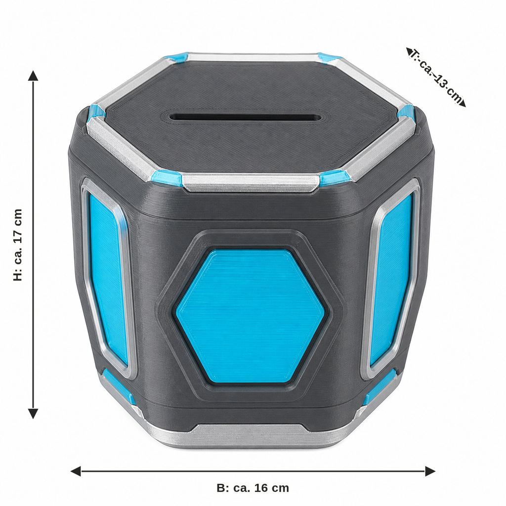 Maßbild für Achteckige Sparbüchse mit Cyan-Wabenpaneelen: Breite ca. 16 cm, Tiefe ca. 13 cm, Höhe ca. 17 cm