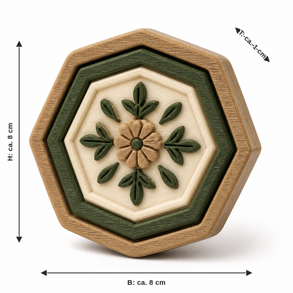 Maßbild für Achteckiger Magnet mit Blütenrosette: Breite ca. 8 cm, Tiefe ca. 1 cm, Höhe ca. 8 cm