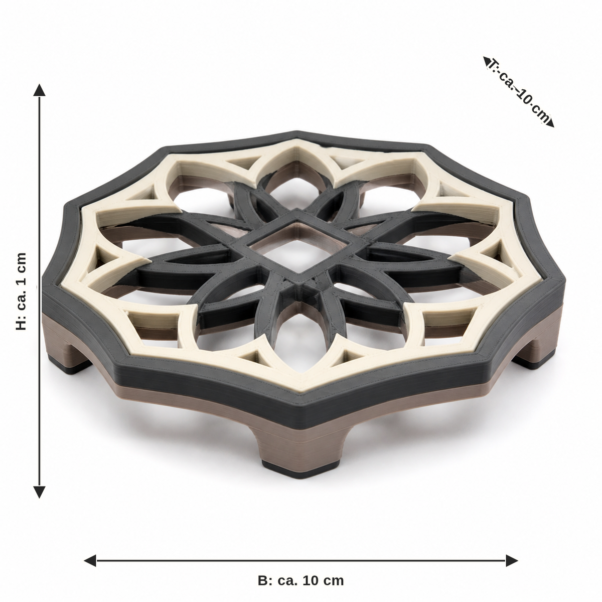 Maßbild für Achteckiger Untersetzer mit ruhiger Blütengeometrie: Breite ca. 10 cm, Tiefe ca. 10 cm, Höhe ca. 1 cm