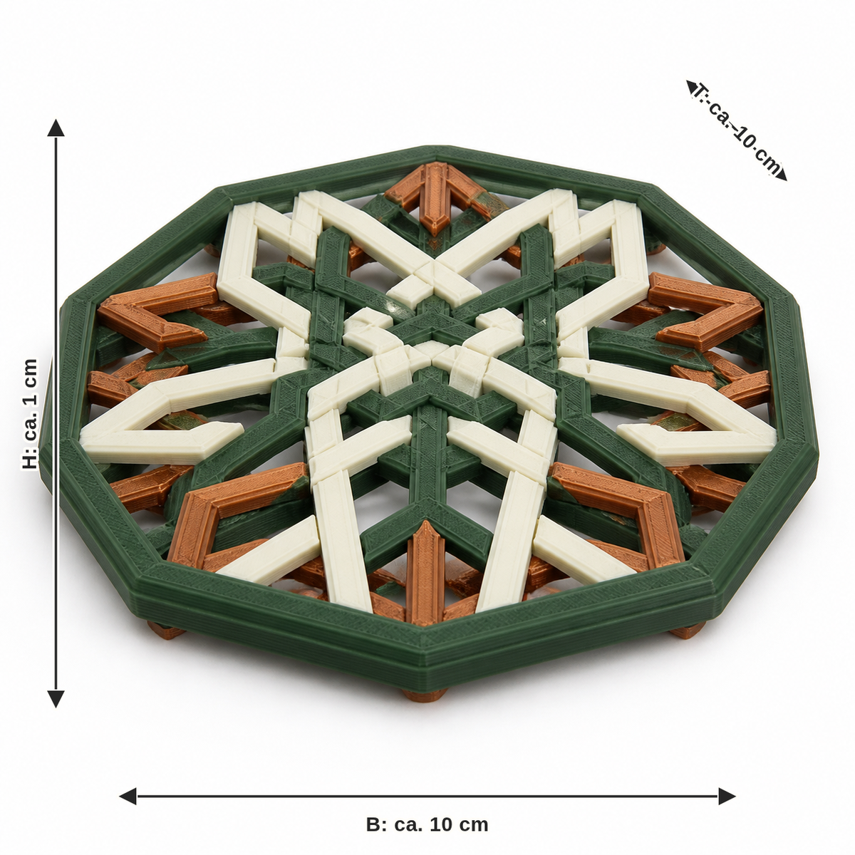 Maßbild für Achteckiger Untersetzer mit Runenstern: Breite ca. 10 cm, Tiefe ca. 10 cm, Höhe ca. 1 cm