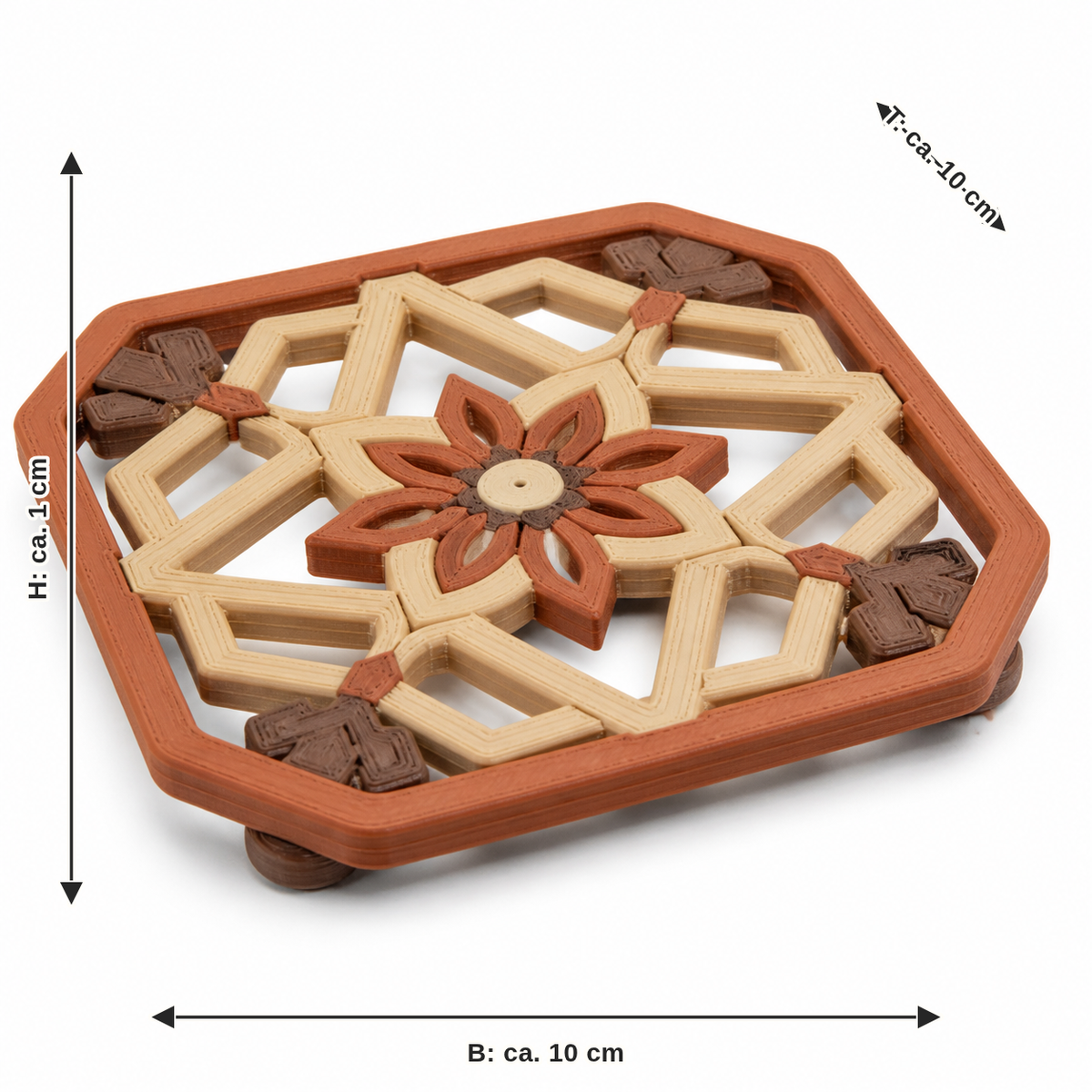 Maßbild für Achteckiger Untersetzer mit Sternblüte: Breite ca. 10 cm, Tiefe ca. 10 cm, Höhe ca. 1 cm