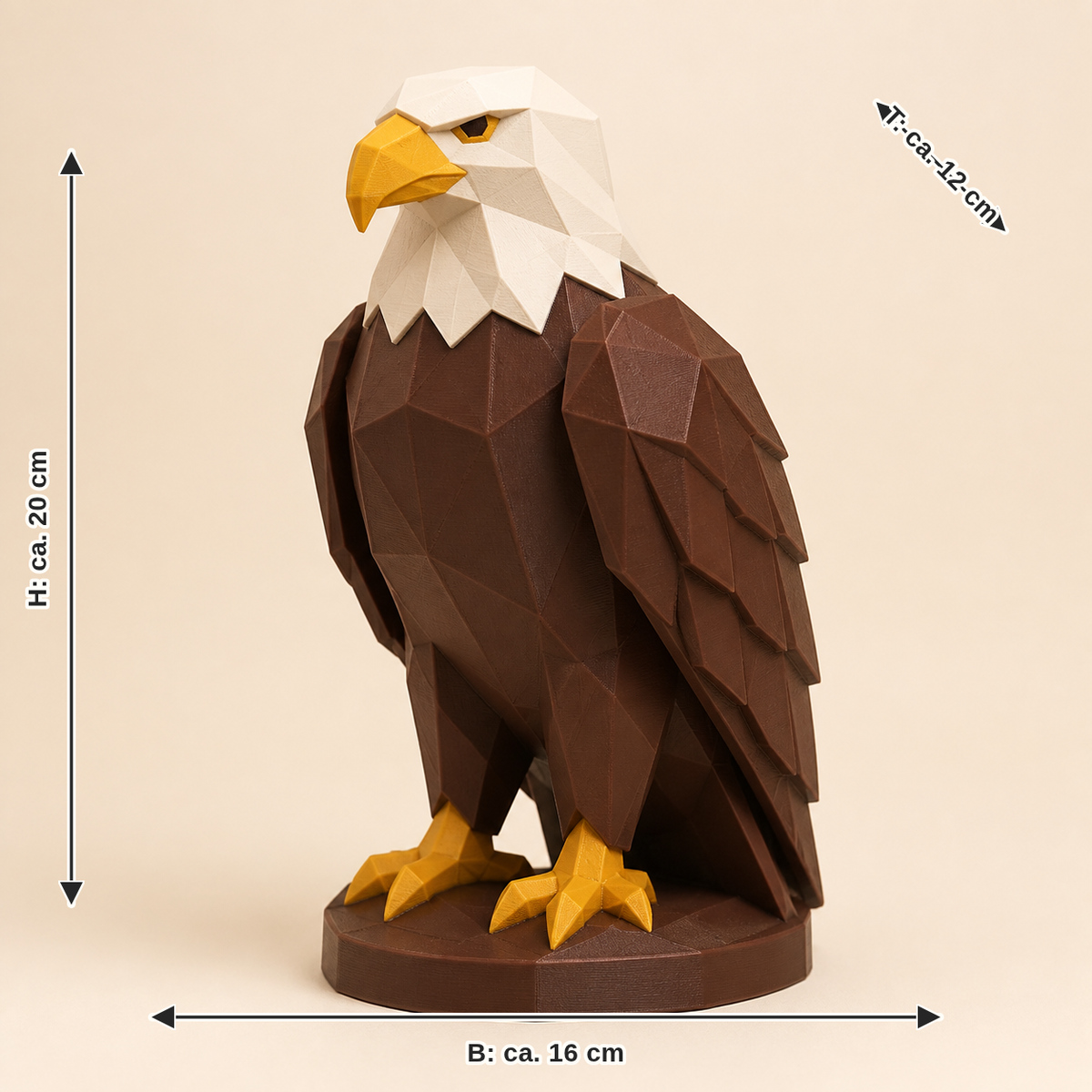 Maßbild für Adler-Low-Poly-Skulptur Facettenfigur: Breite ca. 16 cm, Tiefe ca. 12 cm, Höhe ca. 20 cm