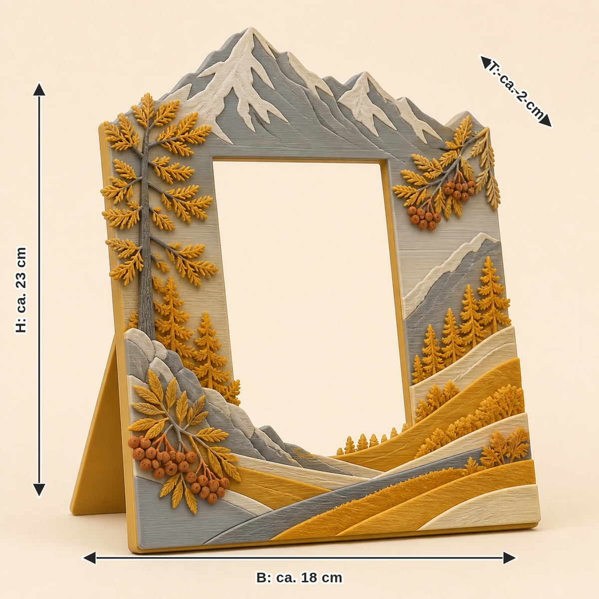 Maßbild für Almherbst-Bilderrahmen Bergportal: Breite ca. 18 cm, Tiefe ca. 2 cm, Höhe ca. 23 cm
