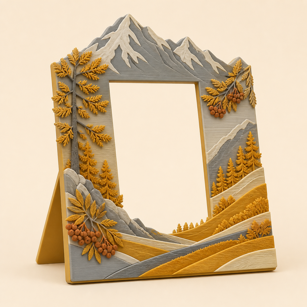 Almherbst-Bilderrahmen Bergportal aus 3D-gedrucktem PETG in Ockergelb, Steingrau, Creme