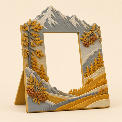 Almherbst-Bilderrahmen Bergportal aus 3D-gedrucktem PETG in Ockergelb, Steingrau, Creme
