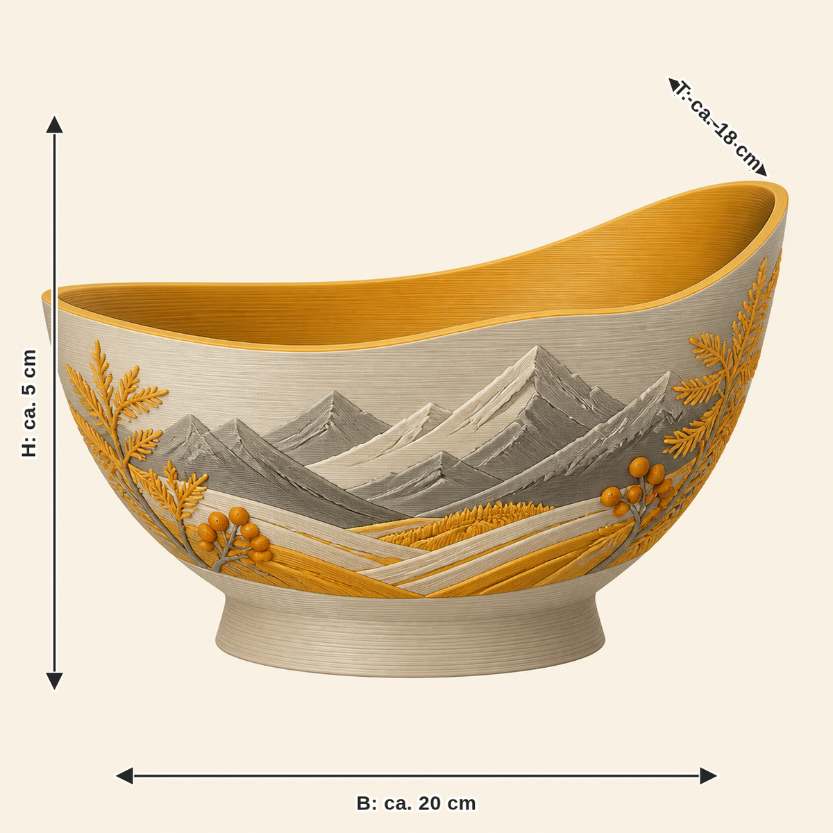 Maßbild für Almherbst-Dekoschale Almmulde: Breite ca. 20 cm, Tiefe ca. 18 cm, Höhe ca. 5 cm