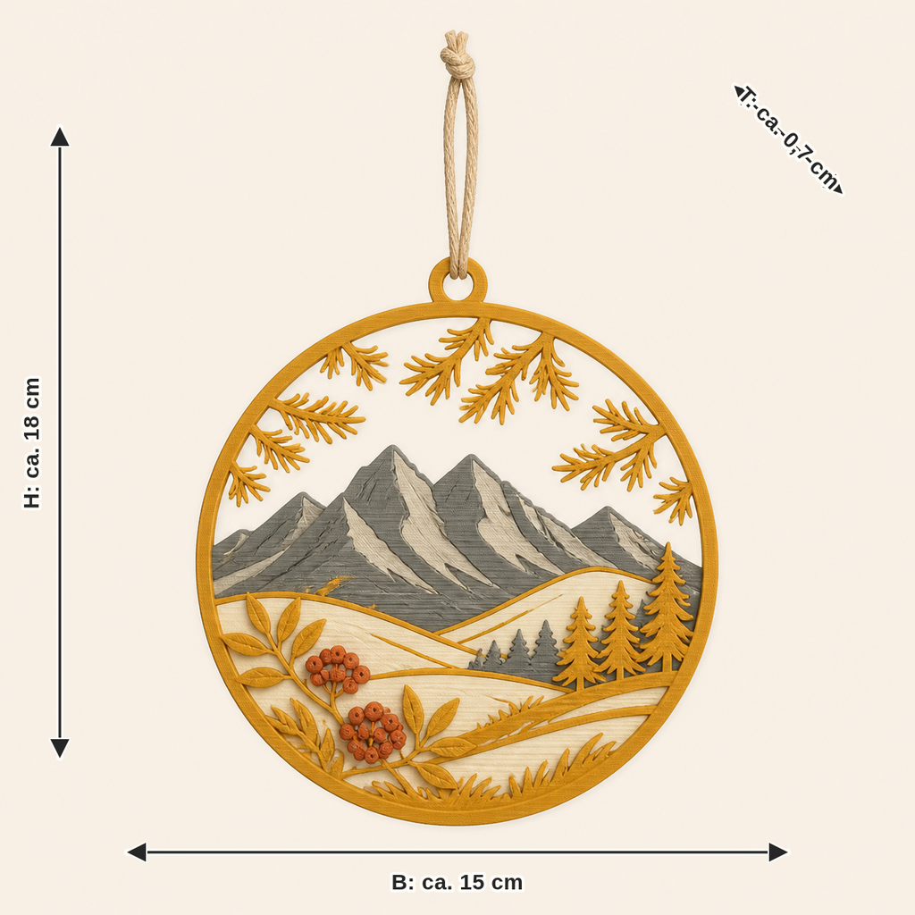 Dimensional image for Alpine autumn-window ornament Larch window: width approx. 15 cm, depth approx. 0.7 cm, height approx. 18 cm