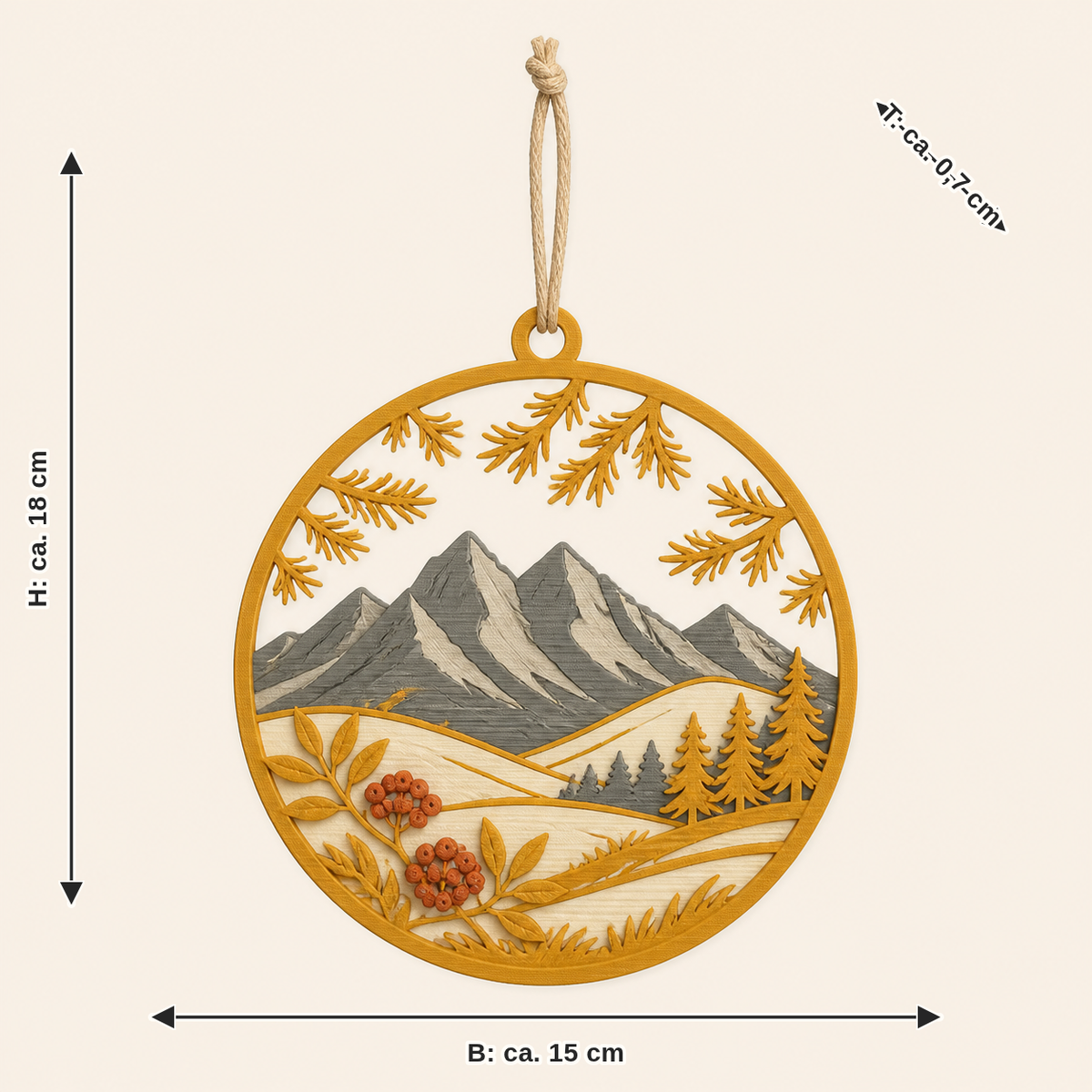Dimensional image for Alpine autumn-window ornament Larch window: width approx. 15 cm, depth approx. 0.7 cm, height approx. 18 cm