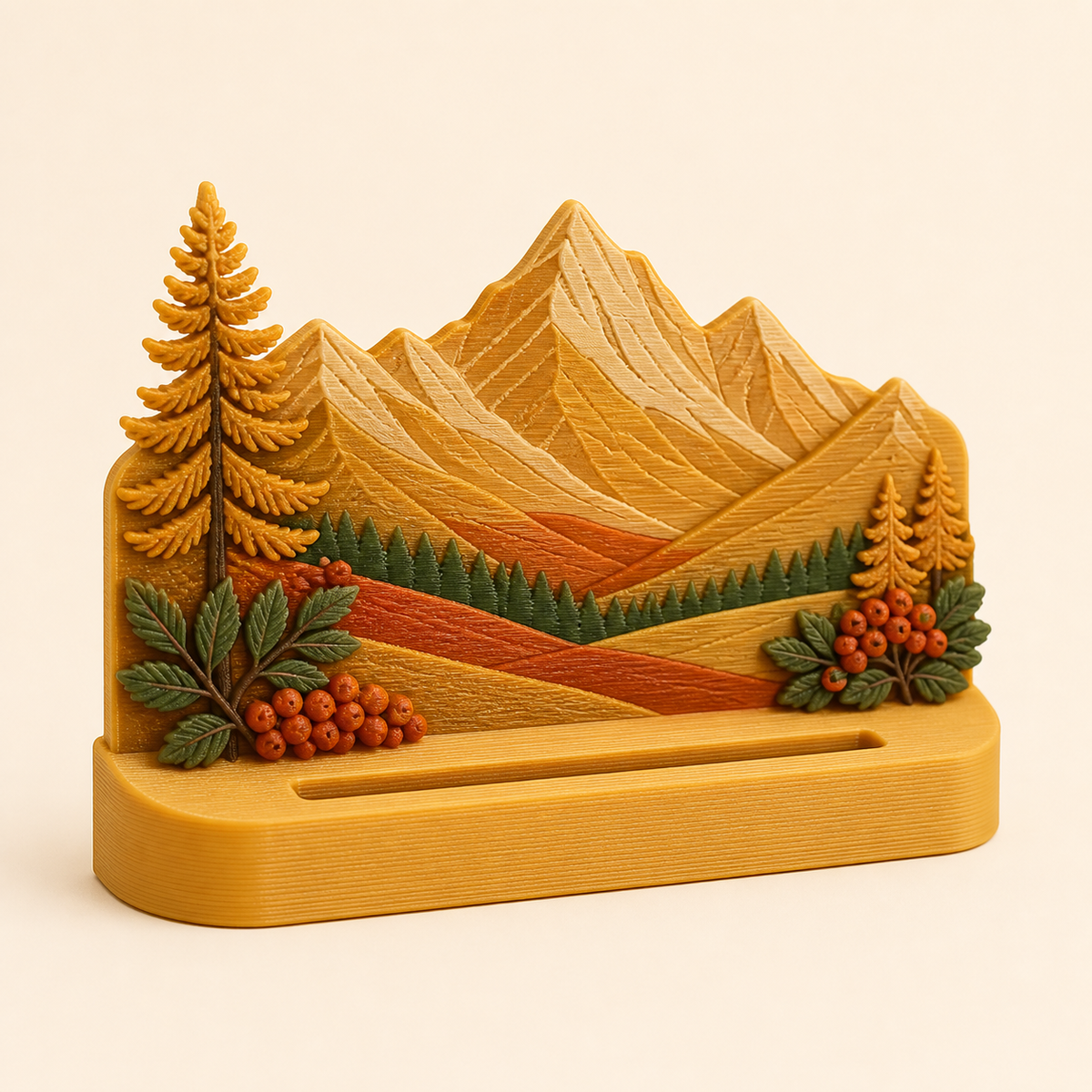 Alpine autumn photo holder made of 3D printed PETG in larch gold, rostrot, fir green