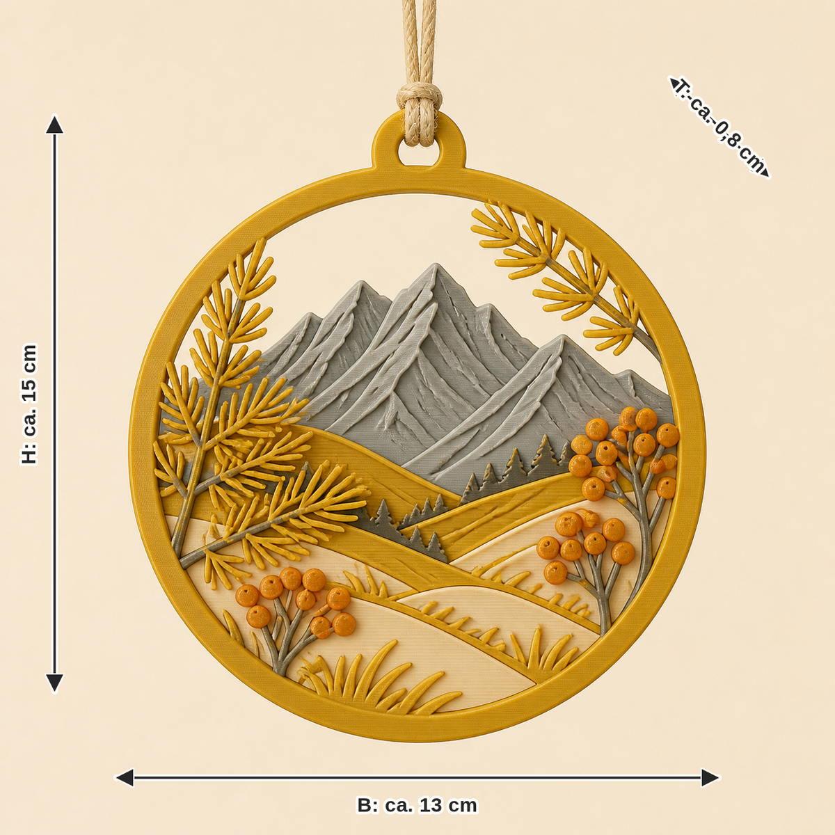 Dimensional image for Alpine autumn-hanging decoration Larch Branch: width approx. 13 cm, depth approx. 0.8 cm, height approx. 15 cm