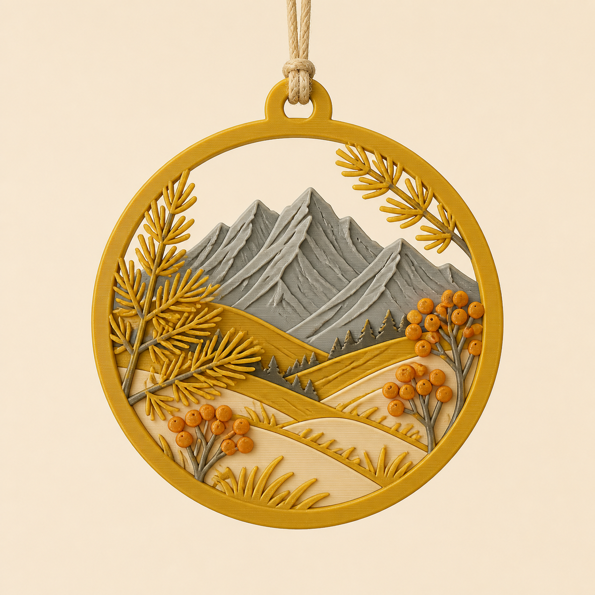 Alpine autumn-hanging decoration Larch Branch in 3D-printed PETG in Ockergelb, stone grey, cream