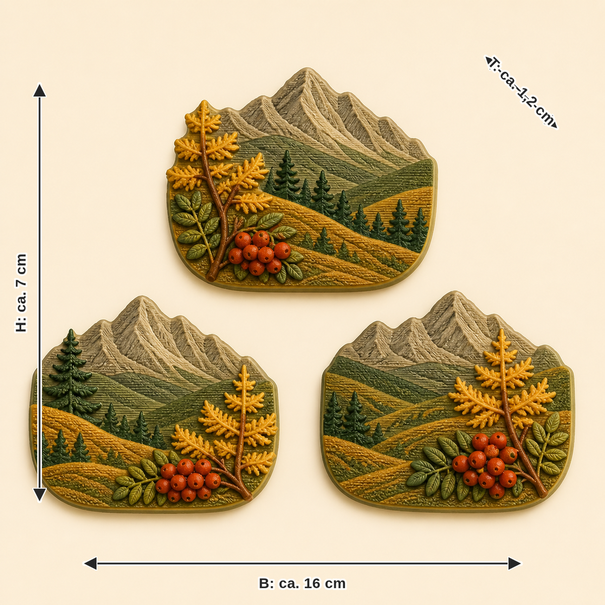 Dimensional image for Alpine autumn magnet set Birdberry trio: width approx. 16 cm, depth approx. 1.2 cm, height approx. 7 cm