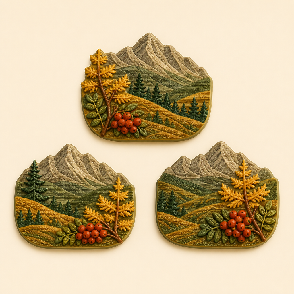 Alpine autumn magnet set Vogelbeer-Trio in 3D-printed PETG in larch gold, rostrot, fir green