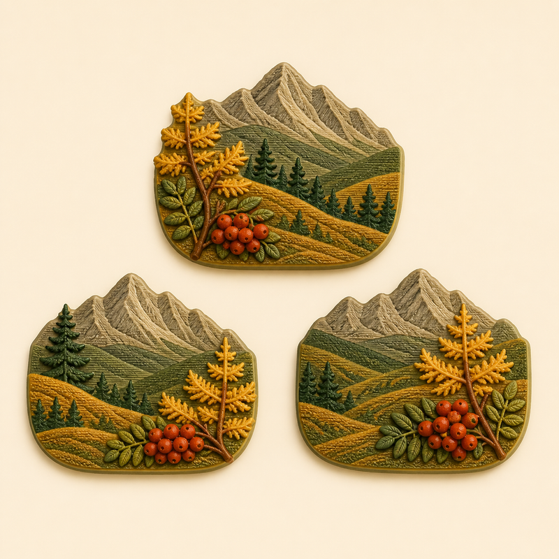 Alpine autumn magnet set Vogelbeer-Trio in 3D-printed PETG in larch gold, rostrot, fir green