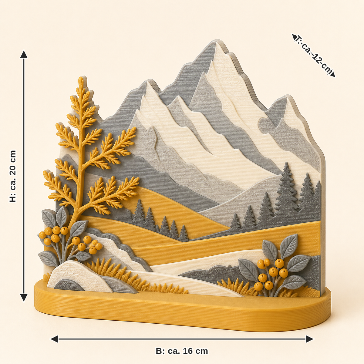 Maßbild für Almherbst-Mini-Skulptur Goldene Alm: Breite ca. 16 cm, Tiefe ca. 12 cm, Höhe ca. 20 cm