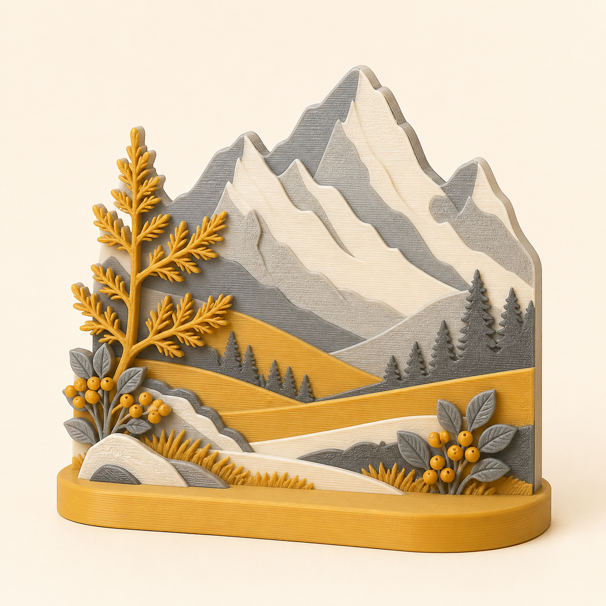 Almherbst-Mini-Skulptur Goldene Alm aus 3D-gedrucktem PETG in Ockergelb, Steingrau, Creme