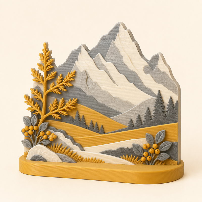 Almherbst-Mini-Skulptur Goldene Alm aus 3D-gedrucktem PETG in Ockergelb, Steingrau, Creme