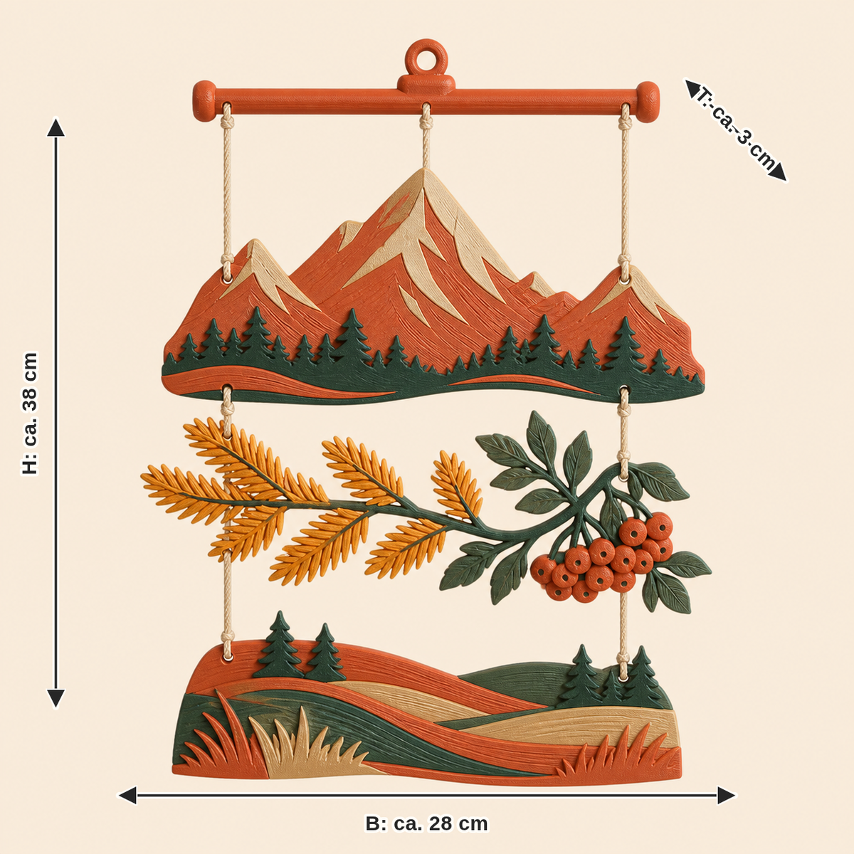 Dimensional image for Alpine autumn mobile mountain dance: width approx. 28 cm, depth approx. 3 cm, height approx. 38 cm
