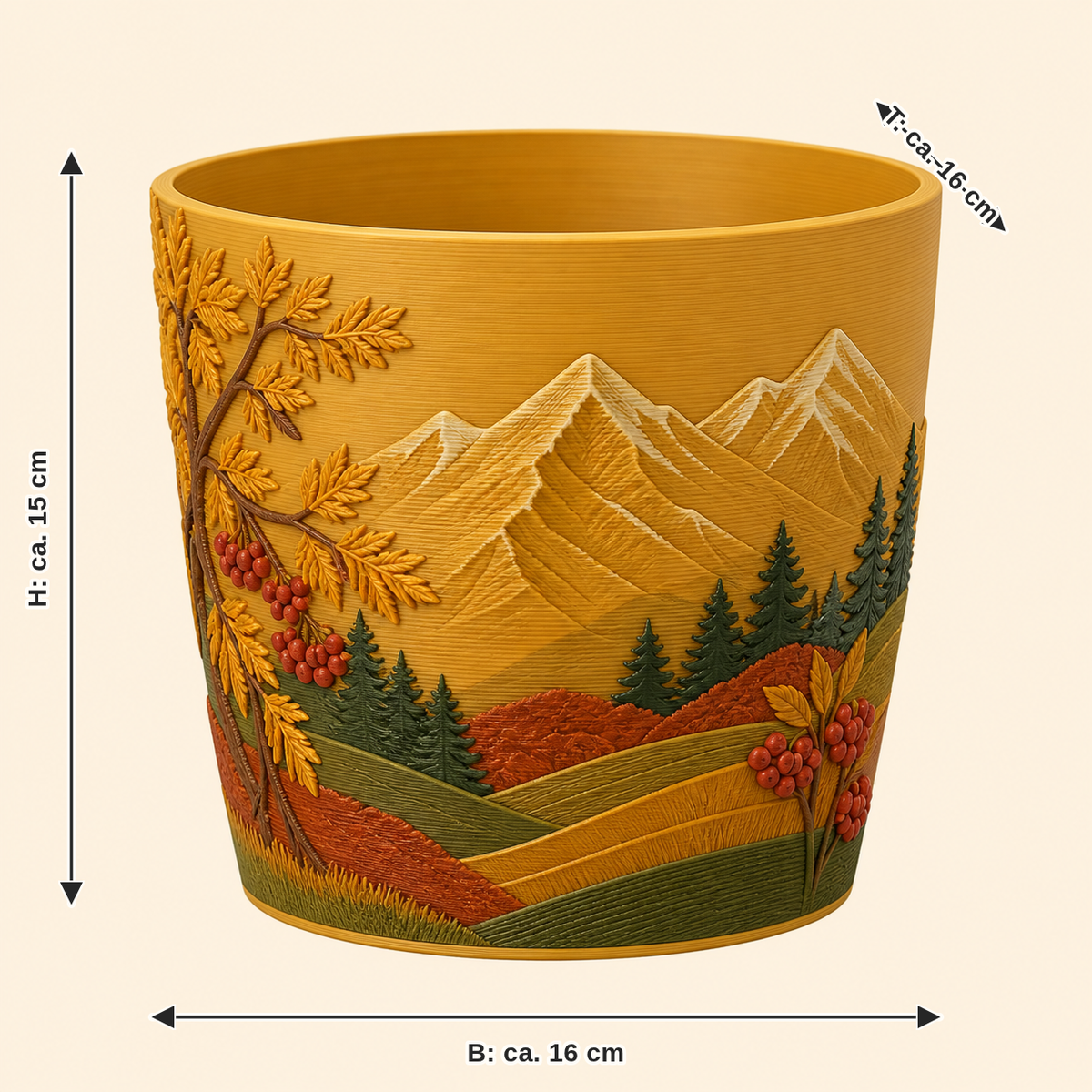 Dimensional image for Alpine autumn planter mountain pot: width approx. 16 cm, depth approx. 16 cm, height approx. 15 cm
