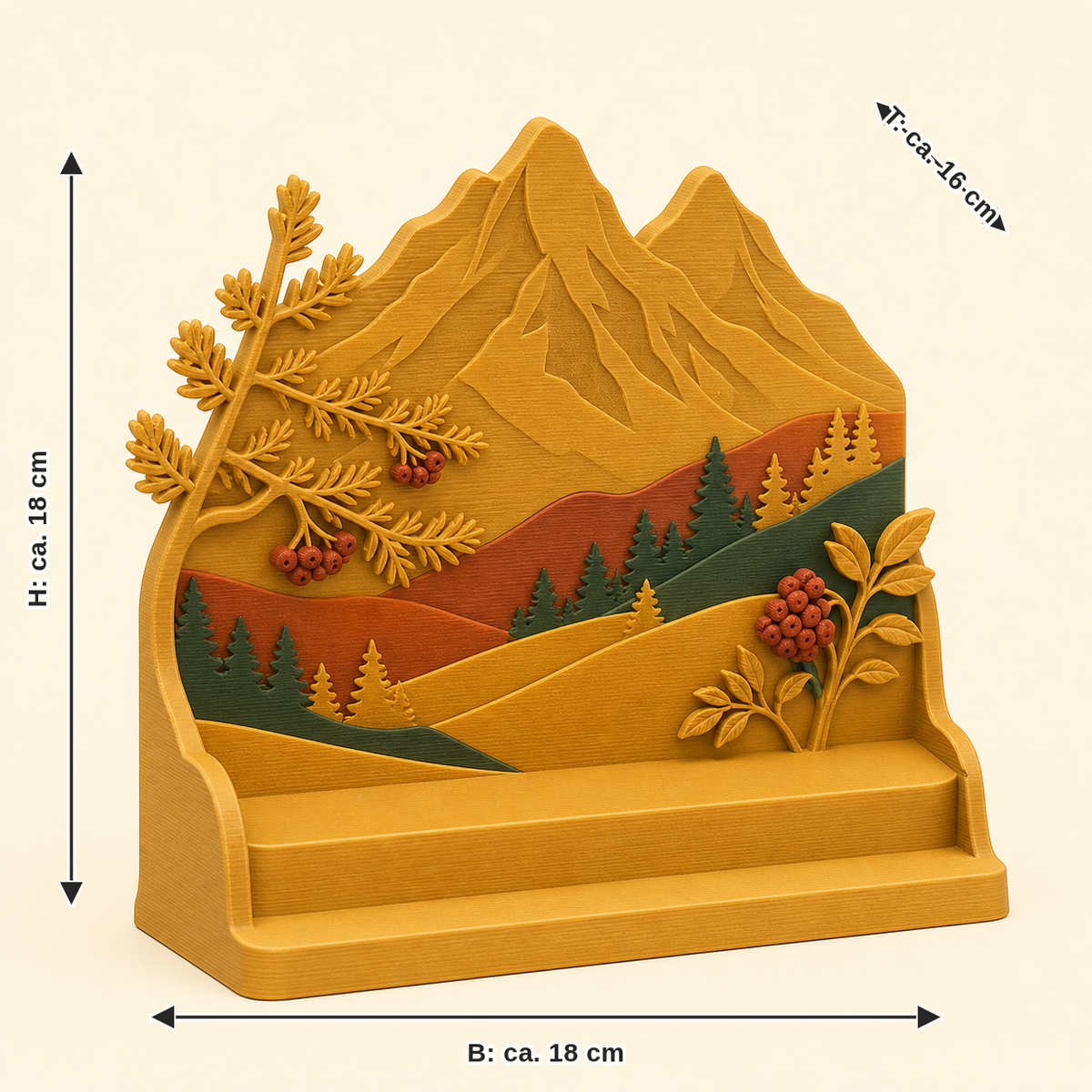 Dimensional image for Alpine autumn display stands summit stage: width approx. 18 cm, depth approx. 16 cm, height approx. 18 cm
