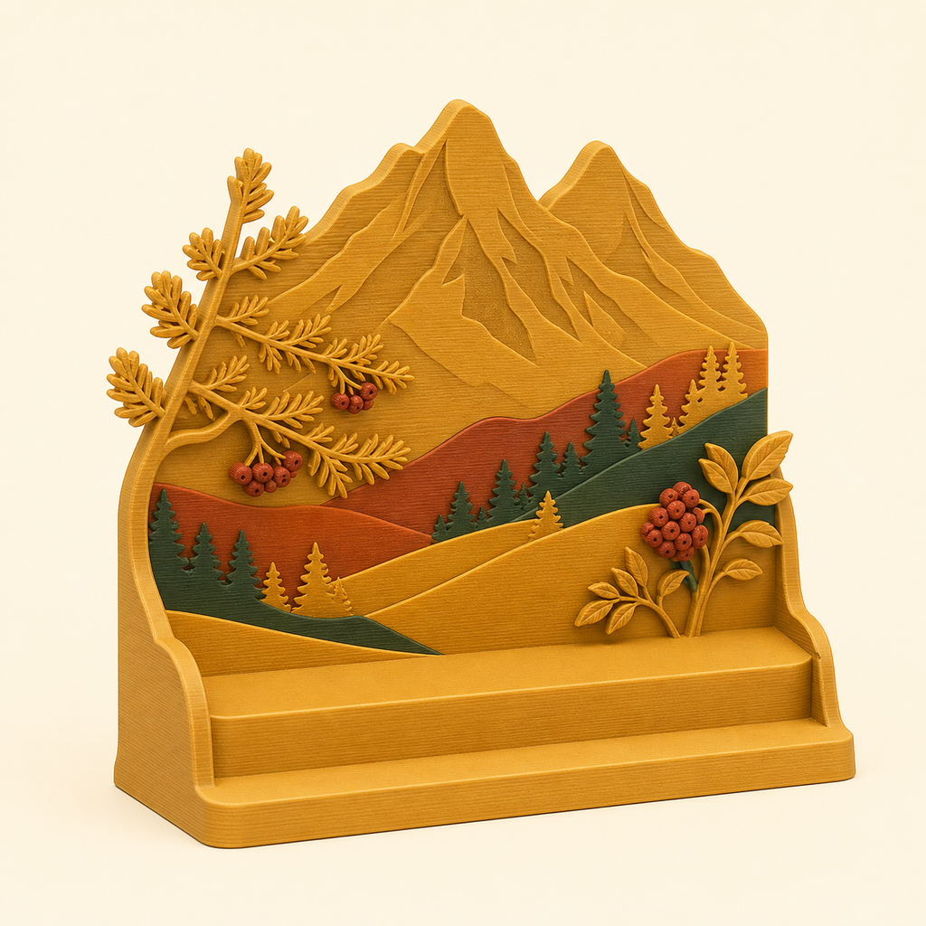 Almherbst-Präsentationsständer Gipfelbühne aus 3D-gedrucktem PETG in Lärchengold, Rostrot, Tannengrün