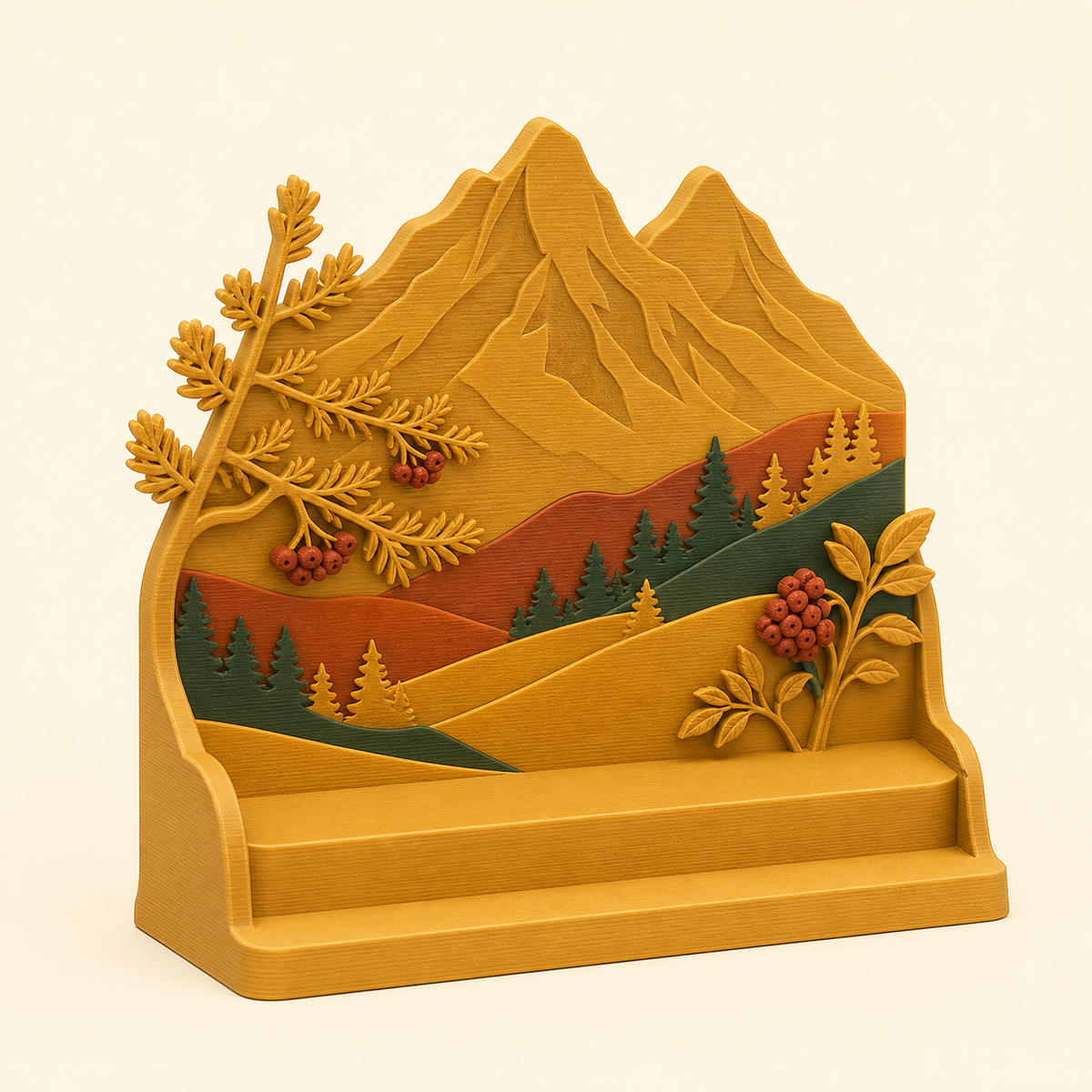 Alpine autumn-Display stands summit stage made of 3D-printed PETG in larch gold, rostrot, fir green