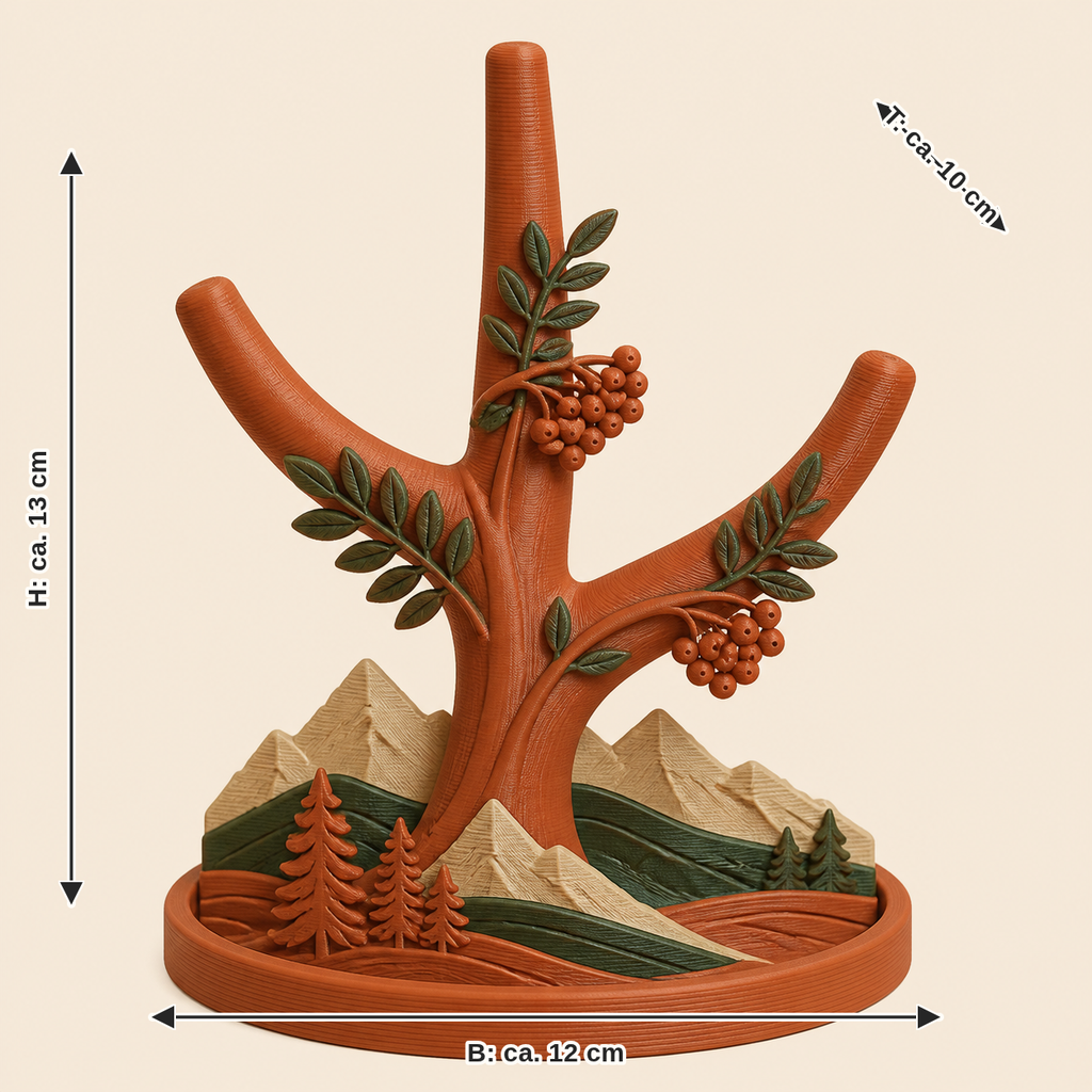 Dimensional image for Alpine autumn-ring holder Bird bear branch: width approx. 12 cm, depth approx. 10 cm, height approx. 13 cm