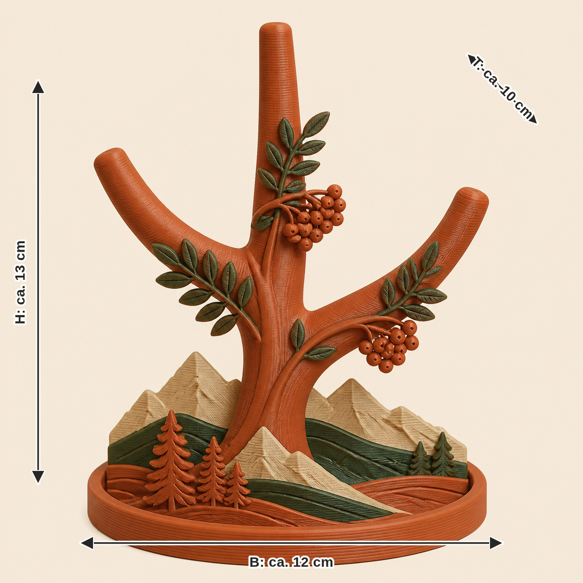 Dimensional image for Alpine autumn-ring holder Bird bear branch: width approx. 12 cm, depth approx. 10 cm, height approx. 13 cm