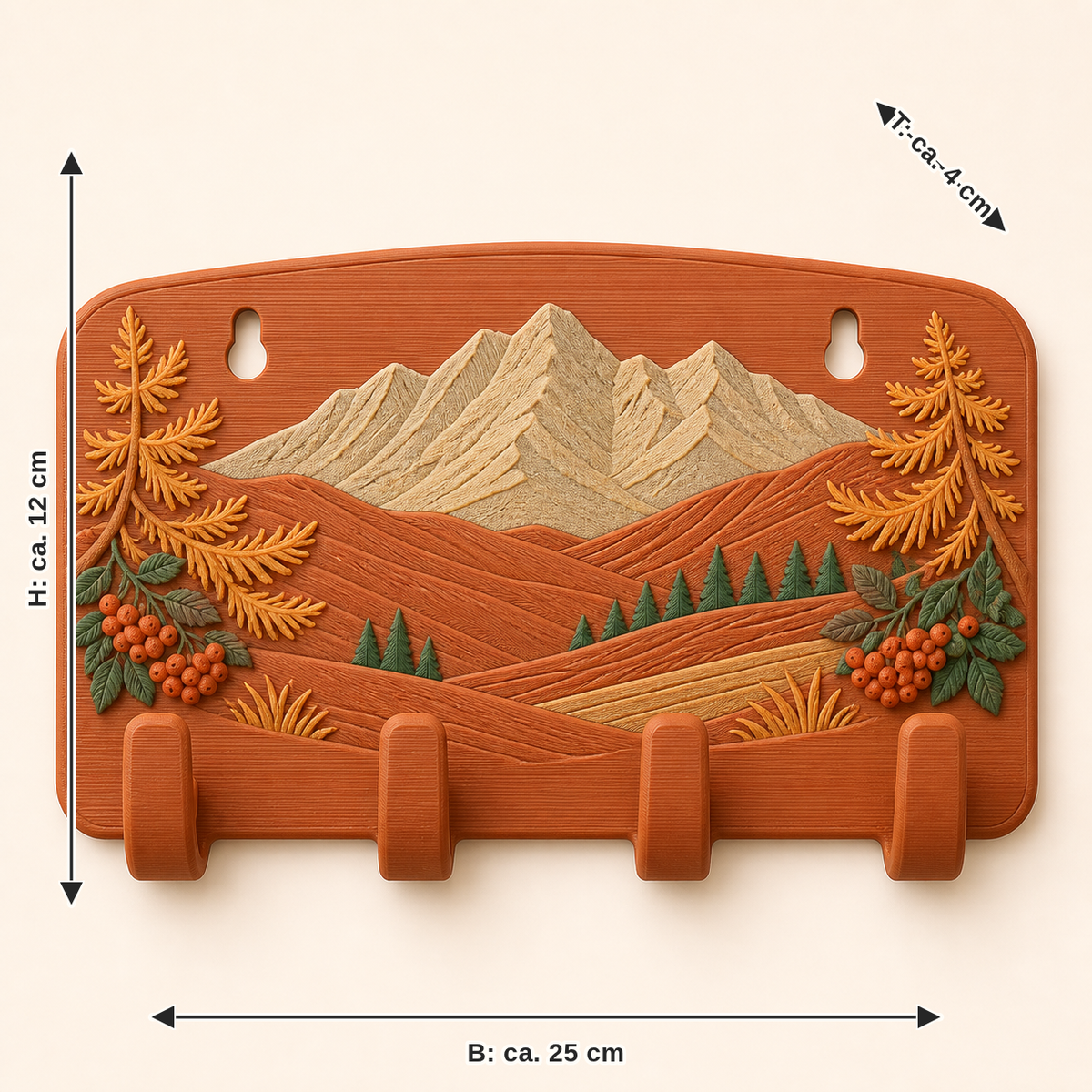 Dimensional image for Alpine autumn-key rack alm hooks: width about 25 cm, depth about 4 cm, height about 12 cm