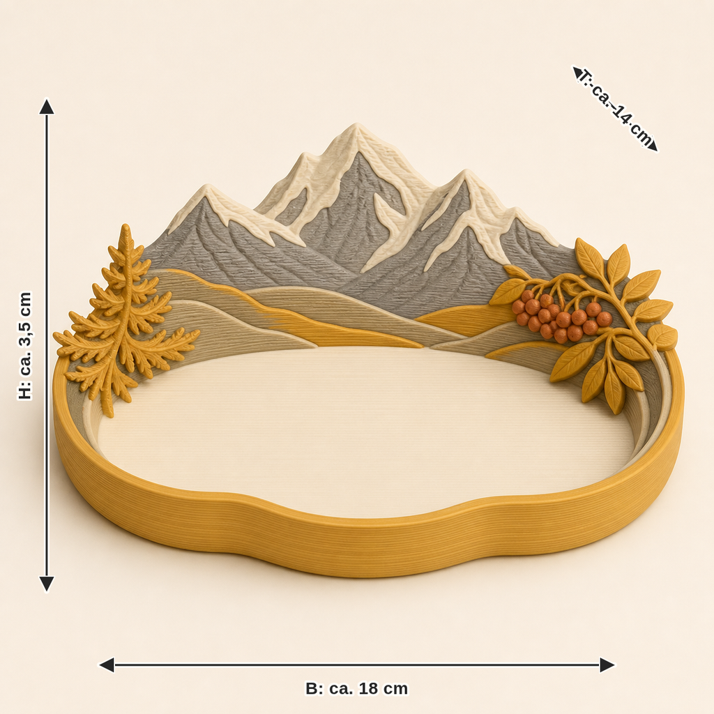 Dimensional image for Alpine autumn-jewellery dish Gipfelkranz: width approx. 18 cm, depth approx. 14 cm, height approx. 3.5 cm