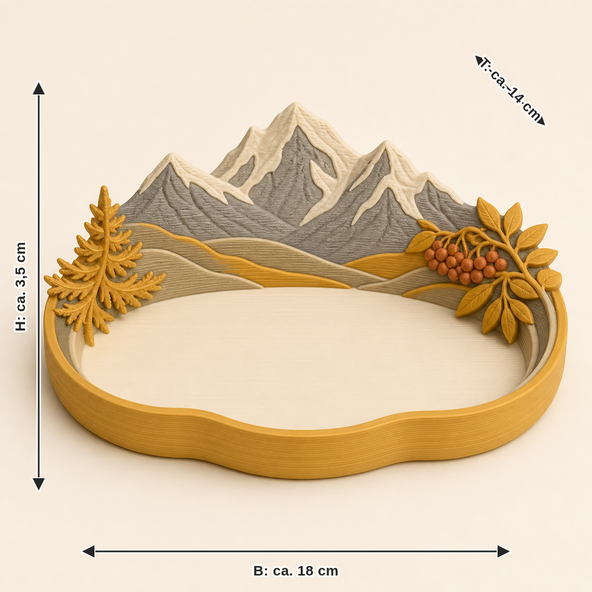 Dimensional image for Alpine autumn-jewellery dish Gipfelkranz: width approx. 18 cm, depth approx. 14 cm, height approx. 3.5 cm