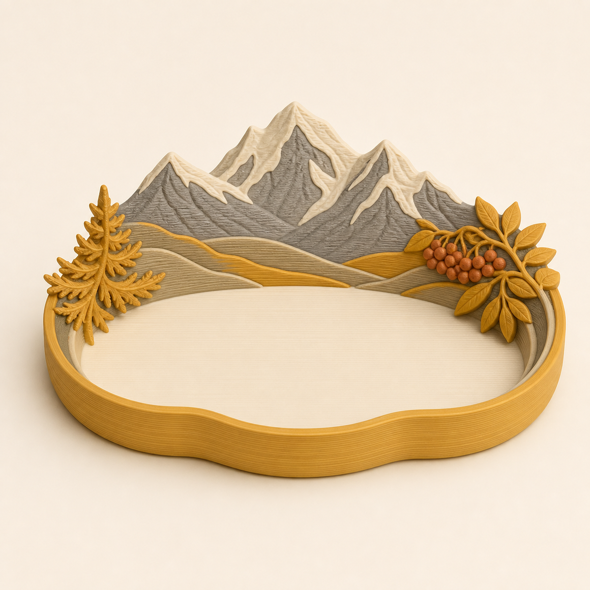 Alpine autumn-jewellery dish top wreath made of 3D-printed PETG in Ockeryellow, stone grey, cream