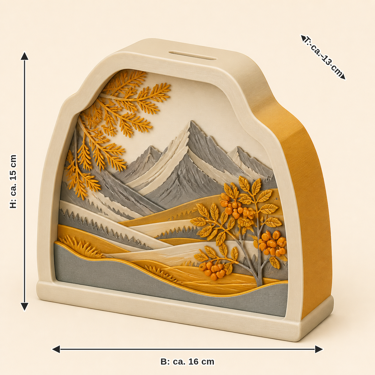 Dimensional picture for Alpine autumn-money box mountain windows: width approx. 16 cm, depth approx. 13 cm, height approx. 15 cm
