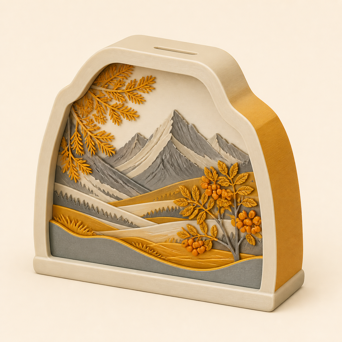 Alpine autumn-money box in 3D-printed PETG in Ockergelb, stone grey, cream
