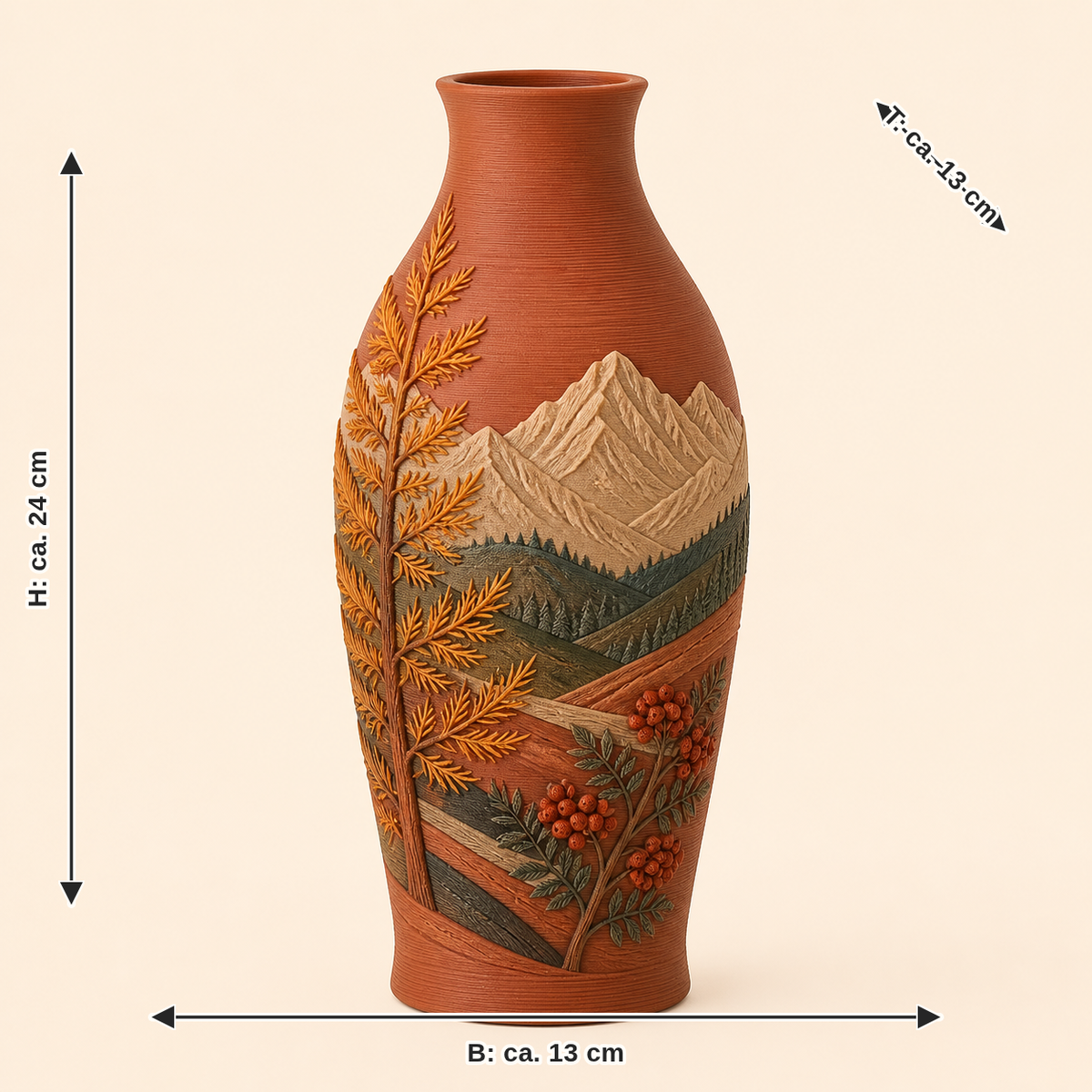 Maßbild für Almherbst-Trockenblumen-Vase Lärchenstiel: Breite ca. 13 cm, Tiefe ca. 13 cm, Höhe ca. 24 cm
