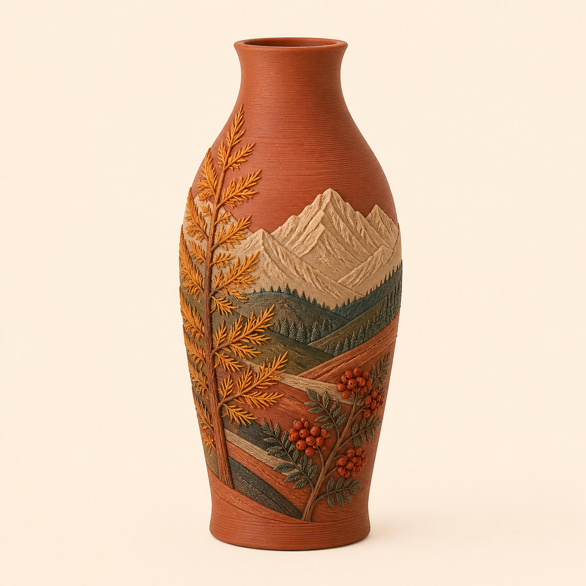 Almherbst-Trockenblumen-Vase Lärchenstiel aus 3D-gedrucktem PETG in Terrakotta, Dunkelgrün, Sandbeige