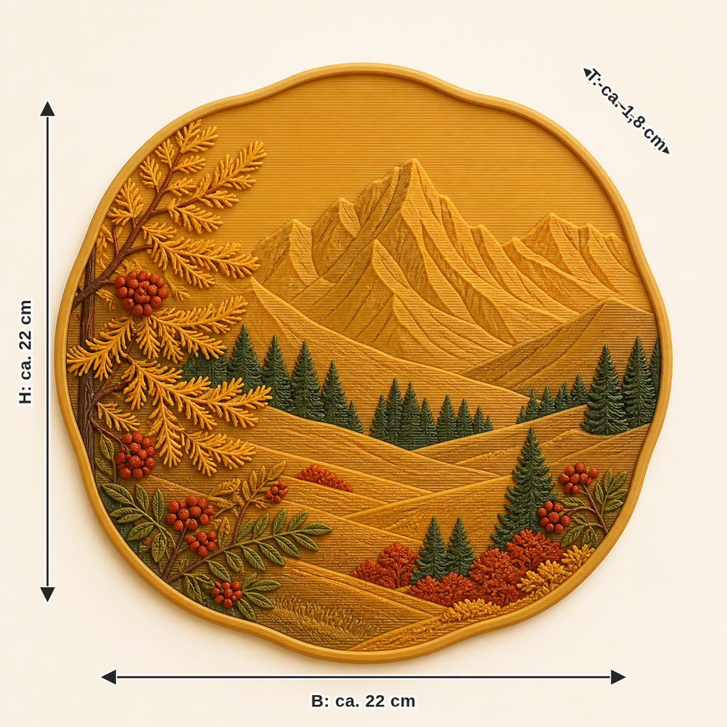 Maßbild für Almherbst-Wandrelief Berglaub: Breite ca. 22 cm, Tiefe ca. 1.8 cm, Höhe ca. 22 cm