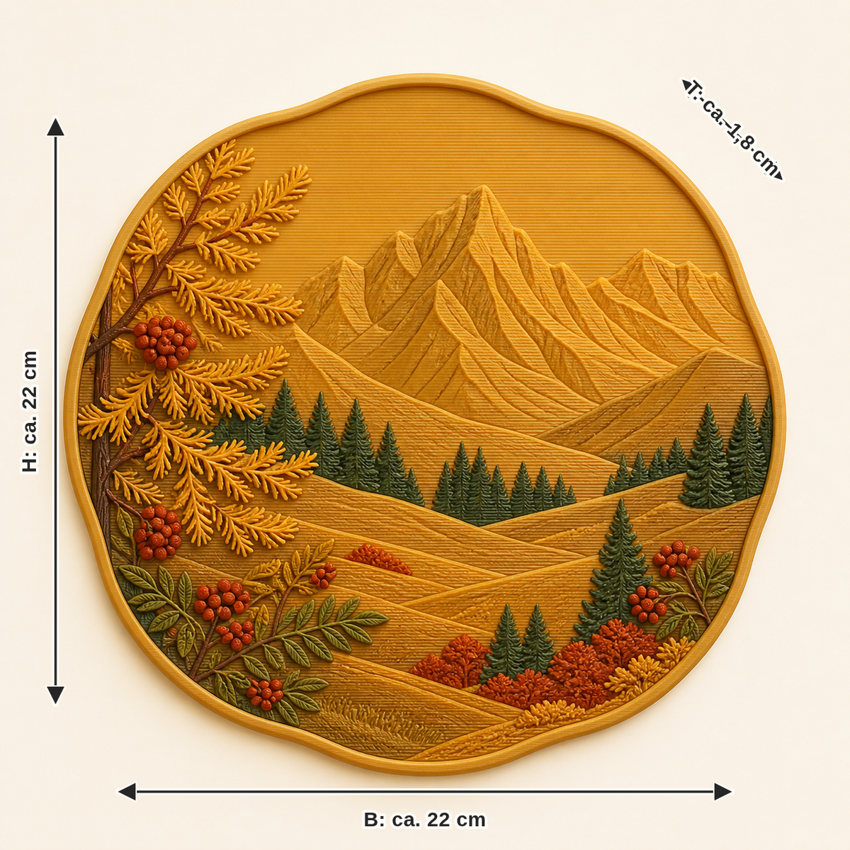 Maßbild für Almherbst-Wandrelief Berglaub: Breite ca. 22 cm, Tiefe ca. 1.8 cm, Höhe ca. 22 cm