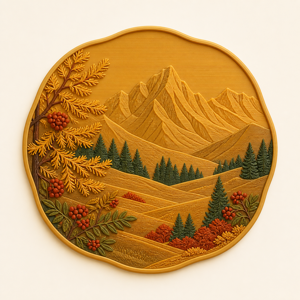 Almherbst-Wandrelief Berglaub aus 3D-gedrucktem PETG in Lärchengold, Rostrot, Tannengrün